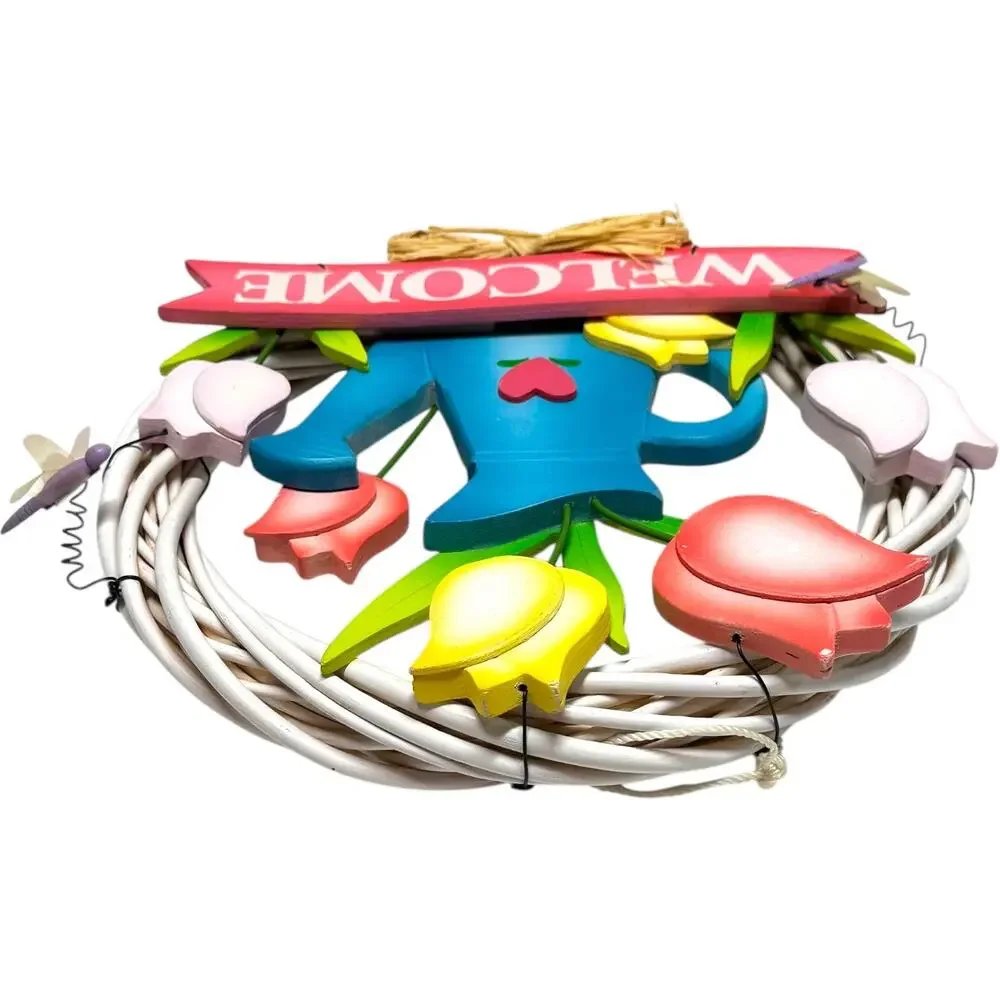 Welcome Wreath Door Hanger Tulip Pink Blue Yellow 12 inch